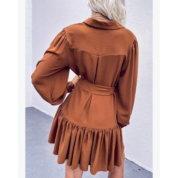 Women's Dresses Hidden Button Ruffle Hem Bishop Sleeve Belted size M - Picture 2 of 3